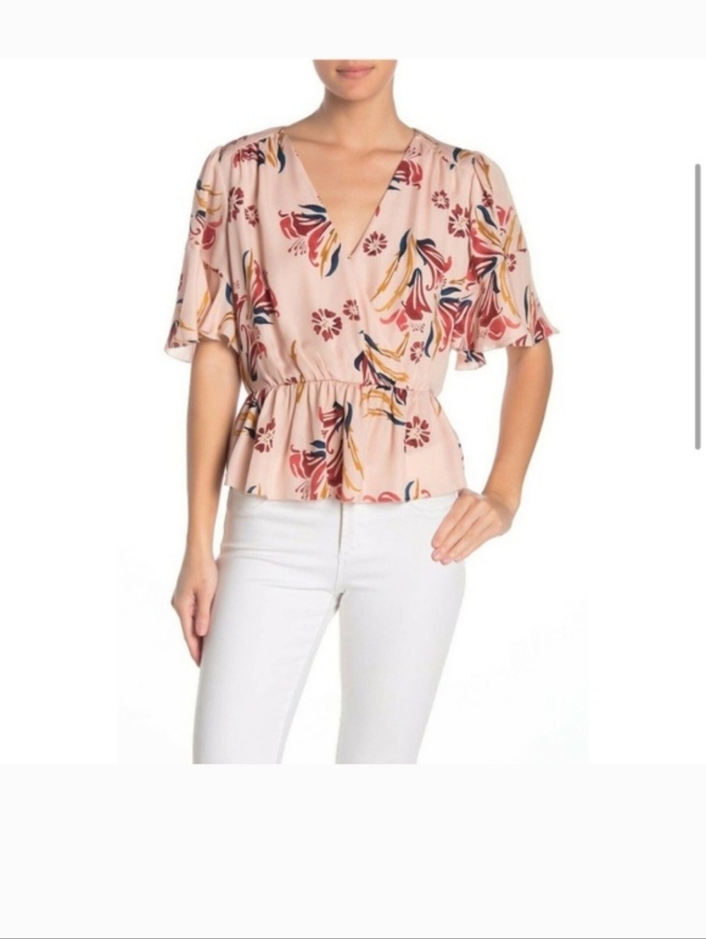 Joie Blush Floral Wrap Silk Top with Ruffle Sleeves XS Career Spring